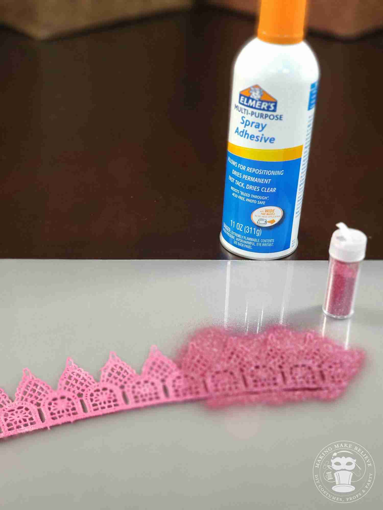 Spray adhesive, lace and glitter