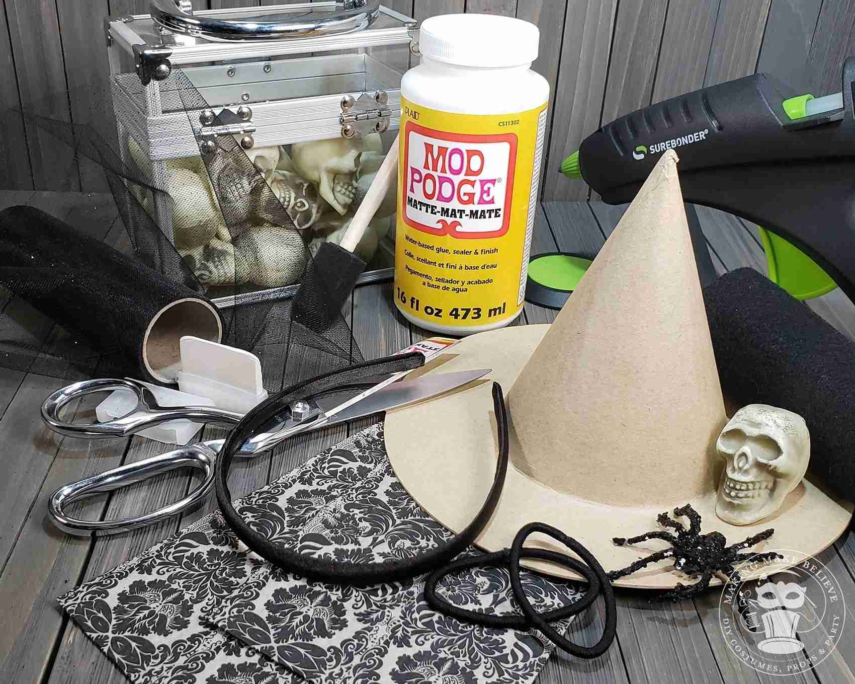 Tools and supplies for DIY Mini Witch Hat