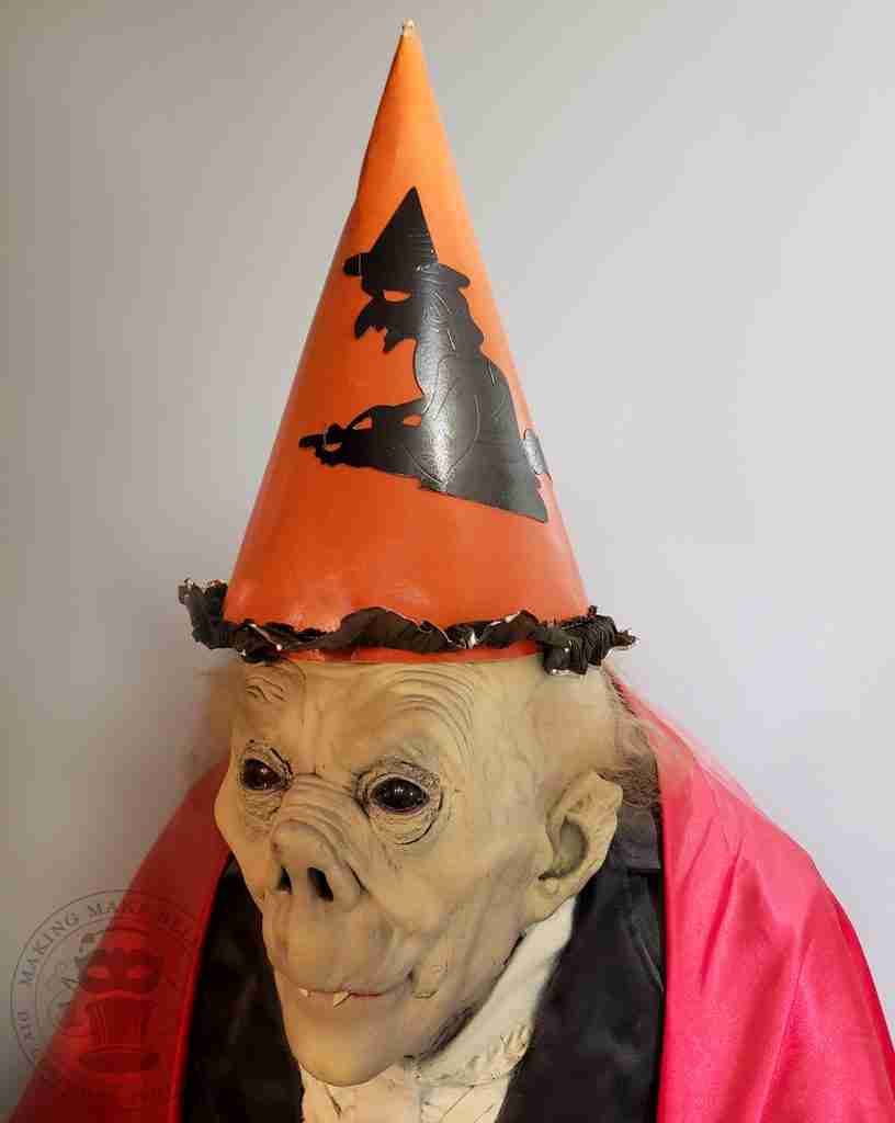 Vintage Halloween Cone Hat with Witch and Crepe Paper Trim