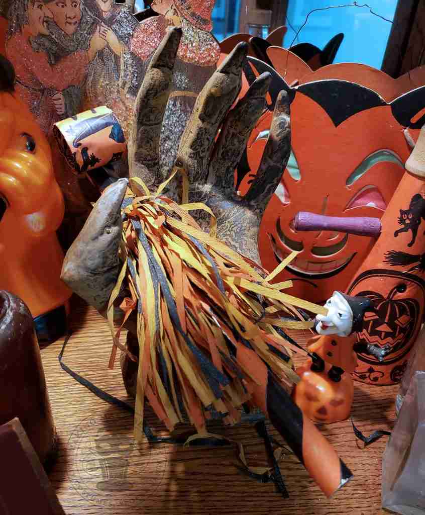 Vintage Halloween Horn with Witch and Crepe Paper Accent