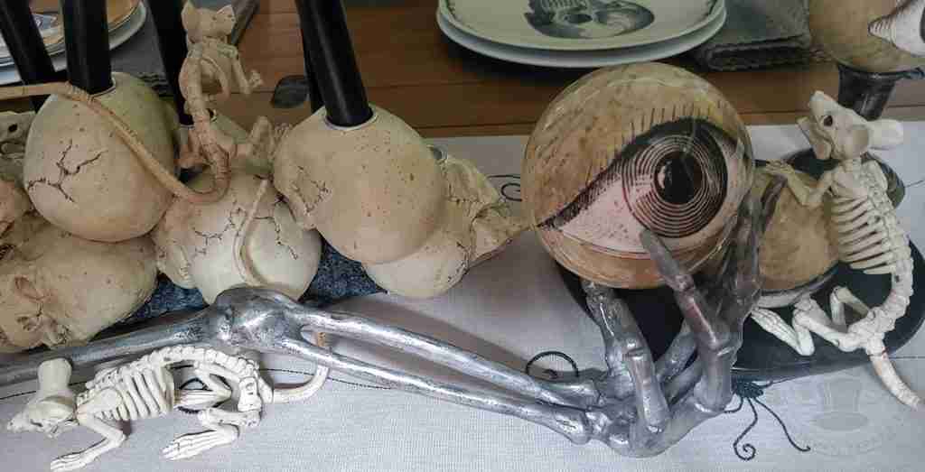 Halloween tablescape of rats and eyeballs
