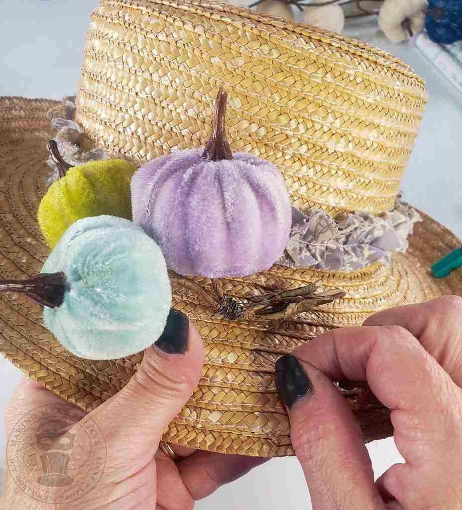 Wire Velvet Pumpkins Onto Straw Hat