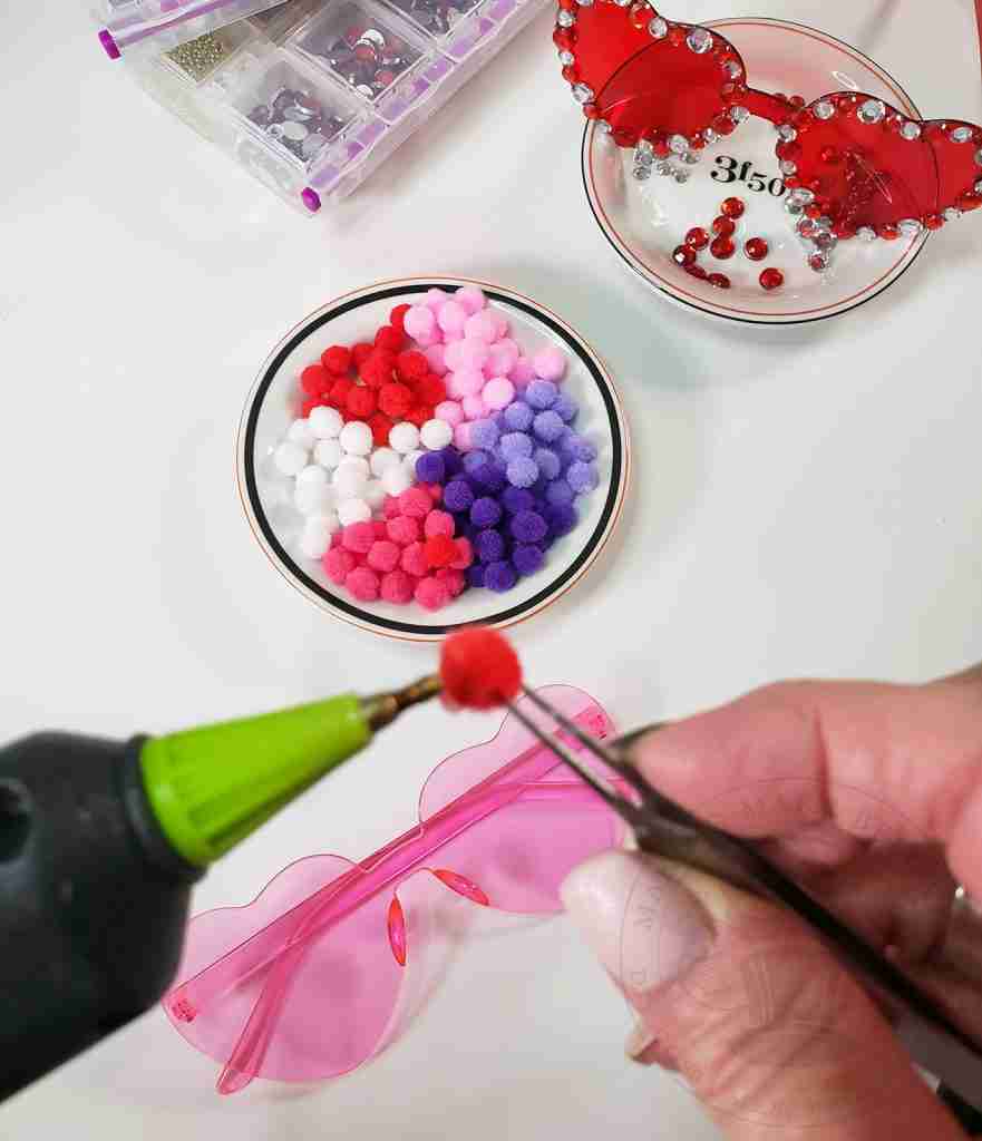 Glue Poms To Valentine Glasses