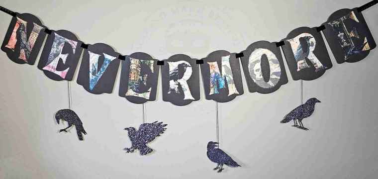 Edgar Allen Poe Nevermore Banner with Glitter Ravens