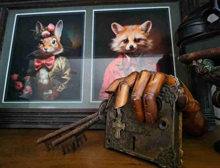 Spooky Articulated Wooden Hand with Vintage Lock and Keys