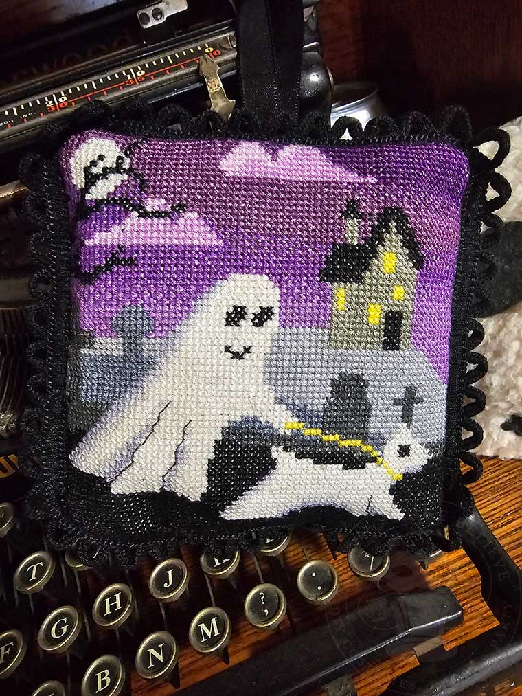 Haunted Halloween Cross Stitch Ghost Dog Walking Ghost