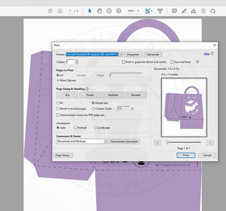 Print setting for Halloween treat sack with window