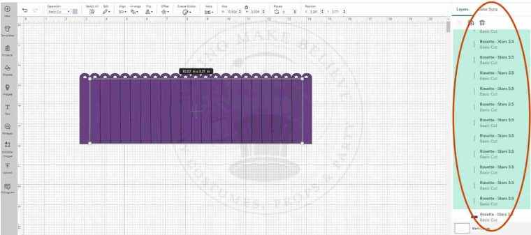 Rosette all vertical lines selected in Cricut Design Space