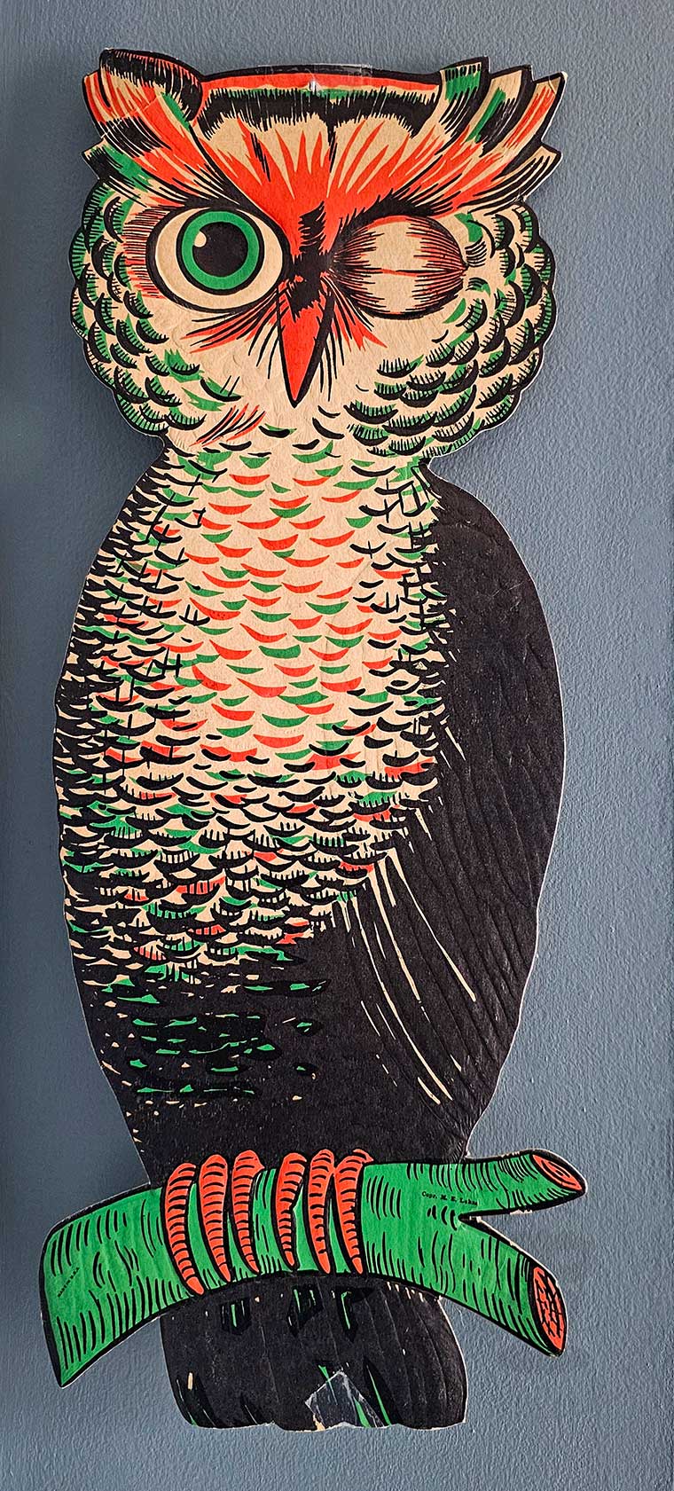 Vintage H.E. Luhrs Embossed Die Cut Winking Owl