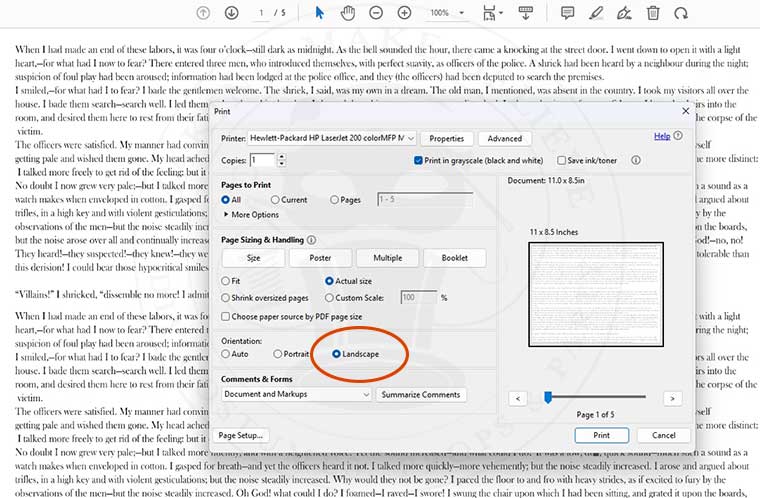 Print in landscape mode