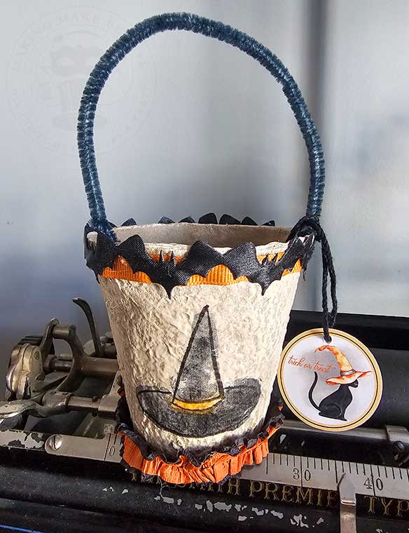 Peat Pot Treat Basket napkin decoupage ribbon festooning and custom tag