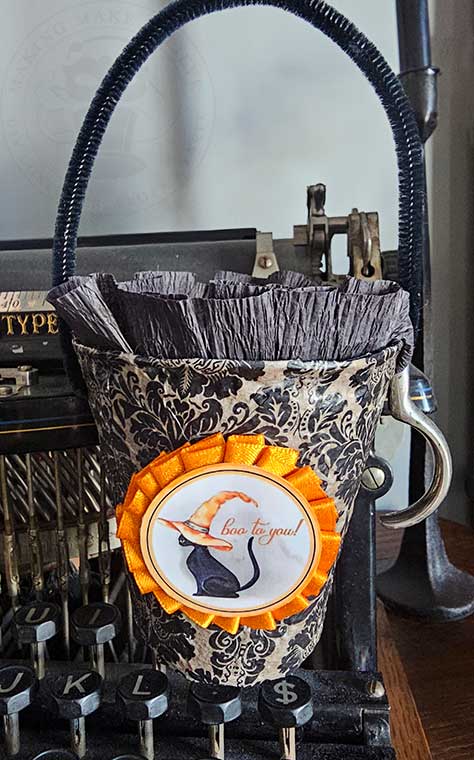 Peat Pot Treat Basket full coverage napkin decoupage crepe trim and paper tag with ribbon rosette