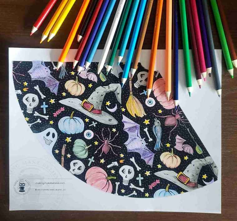 Halloween party hat colored in with colored pencils