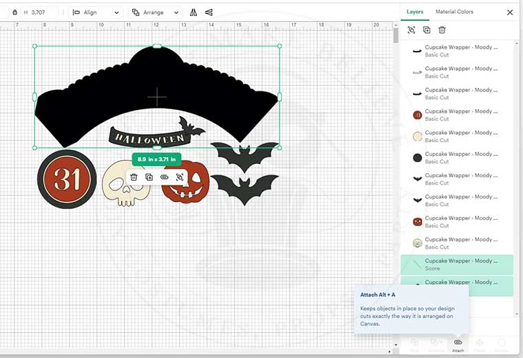 With score line and cupcake wrapper selected click Attach