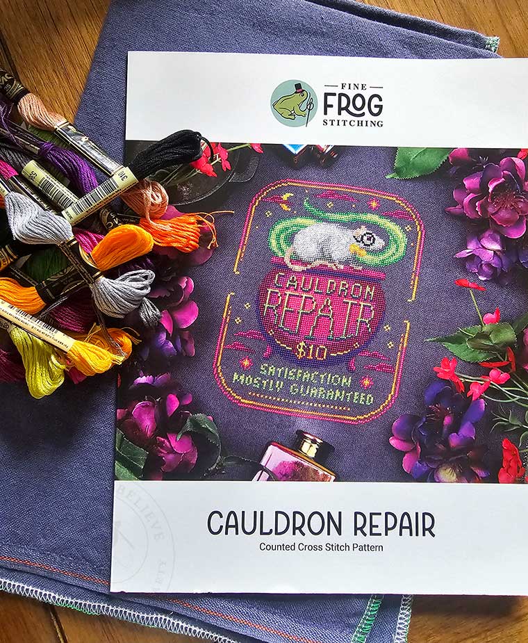 Cauldron Repair Halloween Cross Stitch by Fine Frog Stitching