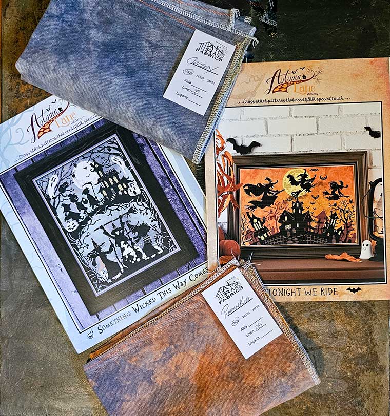 Autumn Lane Halloween Cross Stitch Patterns with Atomic Fabrics linens