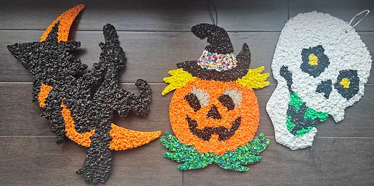 Vintage melted plastic popcorn witch, Peter Pumpkin Jack o'lantern, and skull